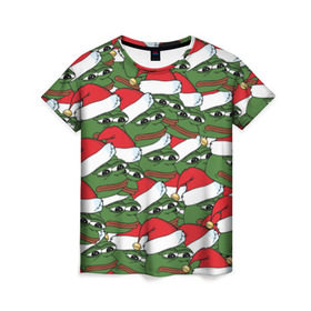 Женская футболка 3D с принтом Sad frog new year в городе Новоалтайск, 100% полиэфир ( синтетическое хлопкоподобное полотно) | прямой крой, круглый вырез горловины, длина до линии бедер | грустная | дед мороз | лягушка | пепе | санта