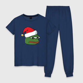 Женская пижама хлопок с принтом New year sad frog в городе Новоалтайск, 100% хлопок | брюки и футболка прямого кроя, без карманов, на брюках мягкая резинка на поясе и по низу штанин | pepe | новогодний | пепе | шапка