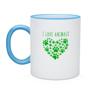 Кружка двухцветная с принтом i love animals в городе Новоалтайск, керамика | объем — 330 мл, диаметр — 80 мм. Цветная ручка и кайма сверху, в некоторых цветах — вся внутренняя часть | cat | арт | добро | животные | кот | котенок | котик | кошка | любовь | принт | рисунок | сердце
