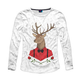 Женский лонгслив 3D с принтом Christmas Deer в городе Новоалтайск, 100% полиэстер | длинные рукава, круглый вырез горловины, полуприлегающий силуэт | new year | олень | рождество | роза | снег | узор