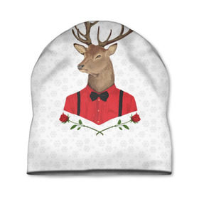 Шапка 3D с принтом Christmas Deer в городе Новоалтайск, 100% полиэстер | универсальный размер, печать по всей поверхности изделия | new year | олень | рождество | роза | снег | узор
