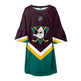 Детское платье 3D с принтом Anaheim Ducks в городе Новоалтайск, 100% полиэстер | прямой силуэт, чуть расширенный к низу. Круглая горловина, на рукавах — воланы | Тематика изображения на принте: america | canada | hockey | nhl | usa | америка | канада | лед | нхл | сша | хоккей