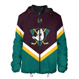 Мужская куртка 3D с принтом Anaheim Ducks в городе Новоалтайск, ткань верха — 100% полиэстер, подклад — флис | прямой крой, подол и капюшон оформлены резинкой с фиксаторами, два кармана без застежек по бокам, один большой потайной карман на груди. Карман на груди застегивается на липучку | Тематика изображения на принте: america | canada | hockey | nhl | usa | америка | канада | лед | нхл | сша | хоккей