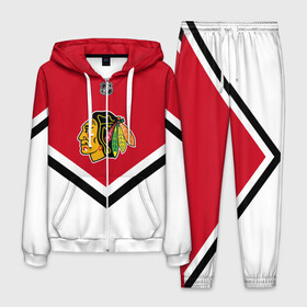 Мужской костюм 3D с принтом Chicago Blackhawks в городе Новоалтайск, 100% полиэстер | Манжеты и пояс оформлены тканевой резинкой, двухслойный капюшон со шнурком для регулировки, карманы спереди | Тематика изображения на принте: america | canada | hockey | nhl | usa | америка | блэкхокс | канада | лед | нхл | сша | хоккей | чикаго