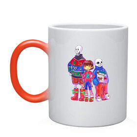 Кружка хамелеон с принтом Sans and papyrus christmas в городе Новоалтайск, керамика | меняет цвет при нагревании, емкость 330 мл | christmas | papyrus | sans | sans and papyrus | undertale | новый год