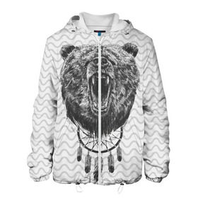 Мужская куртка 3D с принтом Bear Dreamcatcher в городе Новоалтайск, ткань верха — 100% полиэстер, подклад — флис | прямой крой, подол и капюшон оформлены резинкой с фиксаторами, два кармана без застежек по бокам, один большой потайной карман на груди. Карман на груди застегивается на липучку | bear | beast | forest | russia | siberian | зверь | лес | ловец | медведь | россия | сибирь | сон | ярость