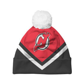 Шапка 3D c помпоном с принтом New Jersey Devils в городе Новоалтайск, 100% полиэстер | универсальный размер, печать по всей поверхности изделия | america | canada | hockey | nhl | usa | америка | девилз | джерси | канада | лед | нхл | нью | сша | хоккей
