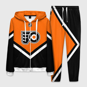Мужской костюм 3D с принтом Philadelphia Flyers в городе Новоалтайск, 100% полиэстер | Манжеты и пояс оформлены тканевой резинкой, двухслойный капюшон со шнурком для регулировки, карманы спереди | Тематика изображения на принте: america | canada | hockey | nhl | usa | америка | канада | лед | нхл | сша | филадельфия | флайерз | хоккей