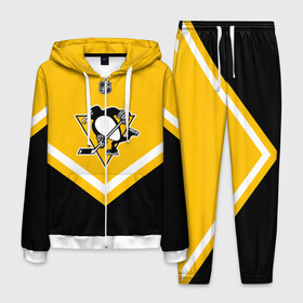 Мужской костюм 3D с принтом Pittsburgh Penguins в городе Новоалтайск, 100% полиэстер | Манжеты и пояс оформлены тканевой резинкой, двухслойный капюшон со шнурком для регулировки, карманы спереди | Тематика изображения на принте: america | canada | hockey | nhl | usa | америка | канада | лед | нхл | пингвинз | питтсбург | сша | хоккей