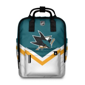 Женский рюкзак 3D с принтом San Jose Sharks в городе Новоалтайск, 100% полиэстер | лямки с регулируемой длиной, сверху ручки, чтобы рюкзак нести как сумку. Основное отделение закрывается на молнию, как и внешний карман. Внутри два дополнительных кармана, один из которых закрывается на молнию. По бокам два дополнительных кармашка, куда поместится маленькая бутылочка
 | Тематика изображения на принте: america | canada | hockey | nhl | usa | акула | америка | канада | лед | нхл | сан хосе | сша | хоккей | шаркс