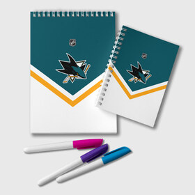 Блокнот с принтом San Jose Sharks в городе Новоалтайск, 100% бумага | 48 листов, плотность листов — 60 г/м2, плотность картонной обложки — 250 г/м2. Листы скреплены удобной пружинной спиралью. Цвет линий — светло-серый
 | Тематика изображения на принте: america | canada | hockey | nhl | usa | акула | америка | канада | лед | нхл | сан хосе | сша | хоккей | шаркс