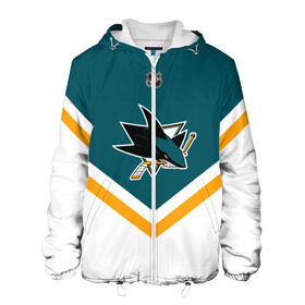 Мужская куртка 3D с принтом San Jose Sharks в городе Новоалтайск, ткань верха — 100% полиэстер, подклад — флис | прямой крой, подол и капюшон оформлены резинкой с фиксаторами, два кармана без застежек по бокам, один большой потайной карман на груди. Карман на груди застегивается на липучку | Тематика изображения на принте: america | canada | hockey | nhl | usa | акула | америка | канада | лед | нхл | сан хосе | сша | хоккей | шаркс