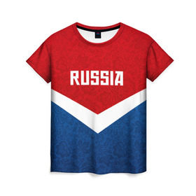 Женская футболка 3D с принтом Russia Team в городе Новоалтайск, 100% полиэфир ( синтетическое хлопкоподобное полотно) | прямой крой, круглый вырез горловины, длина до линии бедер | cup | football | russia | олипм | россия | русская | русский | футбол | хохлома
