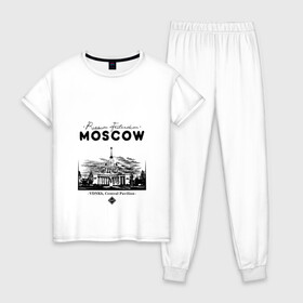 Женская пижама хлопок с принтом Москва, ВДНХ в городе Новоалтайск, 100% хлопок | брюки и футболка прямого кроя, без карманов, на брюках мягкая резинка на поясе и по низу штанин | 