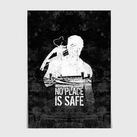 Постер с принтом No Place is Safe в городе Новоалтайск, 100% бумага
 | бумага, плотность 150 мг. Матовая, но за счет высокого коэффициента гладкости имеет небольшой блеск и дает на свету блики, но в отличии от глянцевой бумаги не покрыта лаком | bone | carl | rick | skelet | skull | walking dead | zombie | граймс | зомби | карл | кости | рик | скелет | ходячие мертвецы | череп