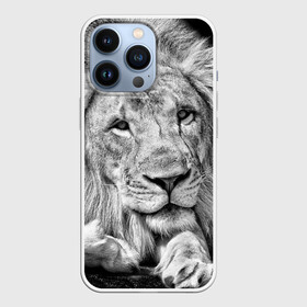 Чехол для iPhone 13 Pro с принтом Лев в городе Новоалтайск,  |  | Тематика изображения на принте: animal | black   white | king | lies | lion | look | predator | wild | взгляд | дикий | животное | зверь | лев | лежит | хищник | царь | черно   белый