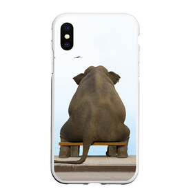 Чехол для iPhone XS Max матовый с принтом Слон и журавли в городе Новоалтайск, Силикон | Область печати: задняя сторона чехла, без боковых панелей | bench | coast | cranes | dream | elephant | flight | sea | sitting | берег | журавли | мечты | море | полет | сидит | скамейка | слон