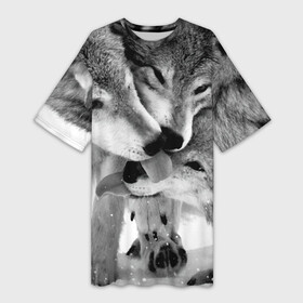 Платье-футболка 3D с принтом Волчья семья в городе Новоалтайск,  |  | animals | black   white | family | love | predators | wild | wolves | волки | дикие | животные | любовь | семья | хищники | черно   белый