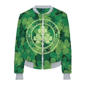Женский бомбер 3D с принтом Ireland, Happy St. Patrick`s Day в городе Новоалтайск, 100% полиэстер | застегивается на молнию, по бокам два кармана без застежек, мягкие манжеты, по низу бомбера и на воротнике — эластичная резинка | background | clover | four | green | happy st. patricks day | holiday | ireland | leaf | petal | plant | print | зеленый | ирландия | клевер | лепесток | лист | печать | праздник | растение | счастливого святого патрика | фон | четыре