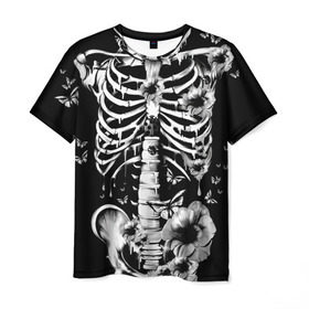 Мужская футболка 3D с принтом Floral Skeleton в городе Новоалтайск, 100% полиэфир | прямой крой, круглый вырез горловины, длина до линии бедер | art | bone | dark | death | fashion | flower | hipster | skelet | skull | арт | грудь | кости | мода | ребра | скелет | стиль | темный | хипстер | цвет | череп