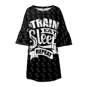 Детское платье 3D с принтом Train Eat Sleep Repeat в городе Новоалтайск, 100% полиэстер | прямой силуэт, чуть расширенный к низу. Круглая горловина, на рукавах — воланы | body | crossfit | force | hard | power | powerlifting | sport | strength | strong | train | workout | бодибилдер | бодибилдинг | воркаут | крепость | кроссфит | пауэрлифтинг | сила | спорт | тело | тренировка