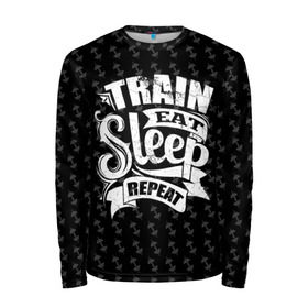 Мужской лонгслив 3D с принтом Train Eat Sleep Repeat в городе Новоалтайск, 100% полиэстер | длинные рукава, круглый вырез горловины, полуприлегающий силуэт | body | crossfit | force | hard | power | powerlifting | sport | strength | strong | train | workout | бодибилдер | бодибилдинг | воркаут | крепость | кроссфит | пауэрлифтинг | сила | спорт | тело | тренировка