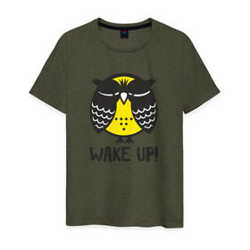Мужская футболка хлопок с принтом Owl. Wake up! в городе Новоалтайск, 100% хлопок | прямой крой, круглый вырез горловины, длина до линии бедер, слегка спущенное плечо. | Тематика изображения на принте: bird | owl | няша | птица | сова | совунья | совушка | сыч