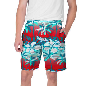 Мужские шорты 3D с принтом Tropical Fashion в городе Новоалтайск,  полиэстер 100% | прямой крой, два кармана без застежек по бокам. Мягкая трикотажная резинка на поясе, внутри которой широкие завязки. Длина чуть выше колен | flower | пальмы | паттерн | цветы