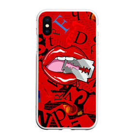 Чехол для iPhone XS Max матовый с принтом Поп-арт опасная бритва в городе Новоалтайск, Силикон | Область печати: задняя сторона чехла, без боковых панелей | blade | blood | dangerous | drop | letters | lips | pop   art | razor | бритва | буквы | губы | капля | кровь | лезвие | опасная | поп арт