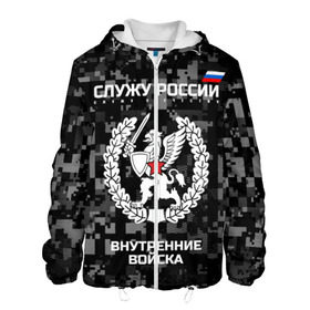Мужская куртка 3D с принтом Служу России, внутренние войска в городе Новоалтайск, ткань верха — 100% полиэстер, подклад — флис | прямой крой, подол и капюшон оформлены резинкой с фиксаторами, два кармана без застежек по бокам, один большой потайной карман на груди. Карман на груди застегивается на липучку | armed | army | emblem | flag | forces | leaves | oak | russia | russian | serve | soldiers | star | tricolor | армия | внутренние | войска | вооружённые | дуб | звезда | листья | россии | российская | русский | силы | служу | солдат | триколор