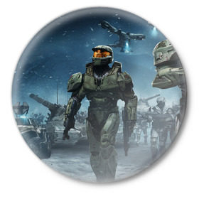 Значок с принтом Halo в городе Новоалтайск,  металл | круглая форма, металлическая застежка в виде булавки | halo | wars | автоматы | воители | доспехи | игры | техника фэнтези | трое 3 | фэнтези