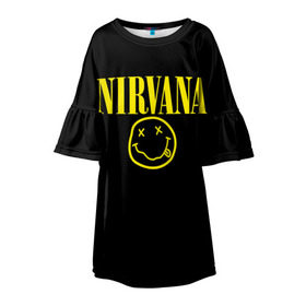 Детское платье 3D с принтом Nirvana в городе Новоалтайск, 100% полиэстер | прямой силуэт, чуть расширенный к низу. Круглая горловина, на рукавах — воланы | Тематика изображения на принте: curt | nirvana | кобейн | курт | нирвана