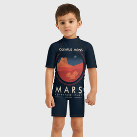 Детский купальный костюм 3D с принтом Mars Adventure Camp в городе Новоалтайск, Полиэстер 85%, Спандекс 15% | застежка на молнии на спине | Тематика изображения на принте: cosmos | earth | galaxy | mars | moon | planet | space | stars | вселенная | галактика | звезды | земля | космос | луна | марс | планета