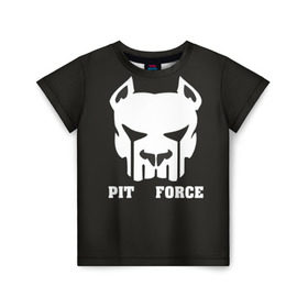 Детская футболка 3D с принтом Pit Force в городе Новоалтайск, 100% гипоаллергенный полиэфир | прямой крой, круглый вырез горловины, длина до линии бедер, чуть спущенное плечо, ткань немного тянется | pit force | белый | боец | друг человека | животные | питбуль | порода | собака | цвет | чёрный