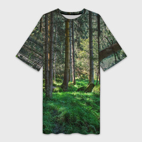 Платье-футболка 3D с принтом Темный лес в городе Новоалтайск,  |  | бор | деревья | ель | ельник | заповедник | камни | красивый | лес | лето | мох | мрачный | прекрасный | природа | флора | чудесный
