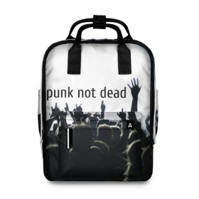 Женский рюкзак 3D с принтом Punk not dead в городе Новоалтайск, 100% полиэстер | лямки с регулируемой длиной, сверху ручки, чтобы рюкзак нести как сумку. Основное отделение закрывается на молнию, как и внешний карман. Внутри два дополнительных кармана, один из которых закрывается на молнию. По бокам два дополнительных кармашка, куда поместится маленькая бутылочка
 | Тематика изображения на принте: punk not dead | бит | группа | драйв | дым | зал | концерт | музыка | надпись | панк | панк не умрет | панки | рок | слова | танцы | туман | тусовка | фраза | хой