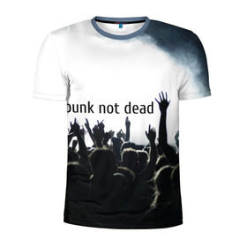 Мужская футболка 3D спортивная с принтом Punk not dead в городе Новоалтайск, 100% полиэстер с улучшенными характеристиками | приталенный силуэт, круглая горловина, широкие плечи, сужается к линии бедра | punk not dead | бит | группа | драйв | дым | зал | концерт | музыка | надпись | панк | панк не умрет | панки | рок | слова | танцы | туман | тусовка | фраза | хой