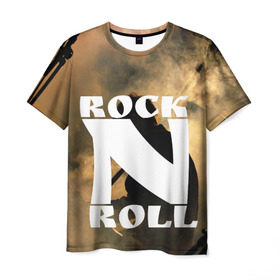 Мужская футболка 3D с принтом Rock n roll в городе Новоалтайск, 100% полиэфир | прямой крой, круглый вырез горловины, длина до линии бедер | rock n roll | английский | бит | весло | гитара | группа | драйв | дым | зал | концерт | крик | музыка | надпись | панк | панки | рок | рок н рол | скелет | слова | стах | танцы | туман | тусовка | фраза | хой | череп