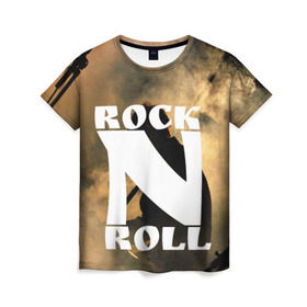 Женская футболка 3D с принтом Rock n roll в городе Новоалтайск, 100% полиэфир ( синтетическое хлопкоподобное полотно) | прямой крой, круглый вырез горловины, длина до линии бедер | rock n roll | английский | бит | весло | гитара | группа | драйв | дым | зал | концерт | крик | музыка | надпись | панк | панки | рок | рок н рол | скелет | слова | стах | танцы | туман | тусовка | фраза | хой | череп