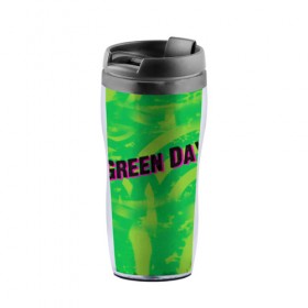 Термокружка-непроливайка с принтом Green Day 1 в городе Новоалтайск, внутренняя часть — пищевой пластик, наружная часть — прозрачный пластик, между ними — полиграфическая вставка с рисунком | объем — 350 мл, герметичная крышка | american idiot | green day | грин дей | грин дэй