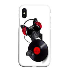 Чехол для iPhone XS Max матовый с принтом собака-меломан в городе Новоалтайск, Силикон | Область печати: задняя сторона чехла, без боковых панелей | Тематика изображения на принте: бульдог | красный | музыка | наушники | очки | пластинка | собака | черный