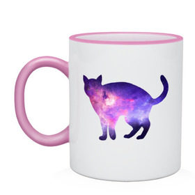 Кружка двухцветная с принтом Cat galaxy в городе Новоалтайск, керамика | объем — 330 мл, диаметр — 80 мм. Цветная ручка и кайма сверху, в некоторых цветах — вся внутренняя часть | Тематика изображения на принте: космос | кошка | силуэт