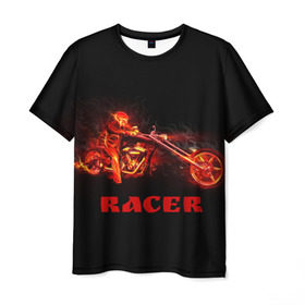 Мужская футболка 3D с принтом Racer (гонщик) в городе Новоалтайск, 100% полиэфир | прямой крой, круглый вырез горловины, длина до линии бедер | байк | в огне | гонщик | дым | колесо | крутой | мото | мотоцикл | мотоциклист | надпись | огненный | огонь | пламя | полыхает | прикольная | скелет | фон | череп | черный