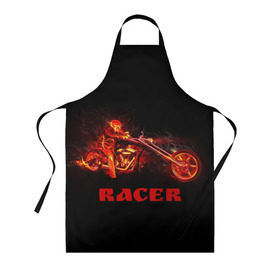 Фартук 3D с принтом Racer (гонщик) в городе Новоалтайск, 100% полиэстер | общий размер — 65 х 85 см, ширина нагрудника — 26 см, горловина — 53 см, длина завязок — 54 см, общий обхват в поясе — 173 см. Принт на завязках и на горловине наносится с двух сторон, на основной части фартука — только с внешней стороны | байк | в огне | гонщик | дым | колесо | крутой | мото | мотоцикл | мотоциклист | надпись | огненный | огонь | пламя | полыхает | прикольная | скелет | фон | череп | черный