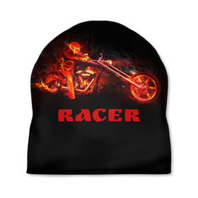 Шапка 3D с принтом Racer (гонщик) в городе Новоалтайск, 100% полиэстер | универсальный размер, печать по всей поверхности изделия | байк | в огне | гонщик | дым | колесо | крутой | мото | мотоцикл | мотоциклист | надпись | огненный | огонь | пламя | полыхает | прикольная | скелет | фон | череп | черный