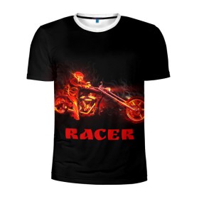Мужская футболка 3D спортивная с принтом Racer (гонщик) в городе Новоалтайск, 100% полиэстер с улучшенными характеристиками | приталенный силуэт, круглая горловина, широкие плечи, сужается к линии бедра | байк | в огне | гонщик | дым | колесо | крутой | мото | мотоцикл | мотоциклист | надпись | огненный | огонь | пламя | полыхает | прикольная | скелет | фон | череп | черный