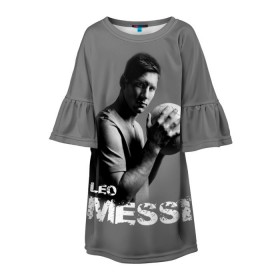 Детское платье 3D с принтом Leo Messi в городе Новоалтайск, 100% полиэстер | прямой силуэт, чуть расширенный к низу. Круглая горловина, на рукавах — воланы | Тематика изображения на принте: barcelona | spanish | аргентина | барселона | испания | лео | месси | мяч | футбол | футболист