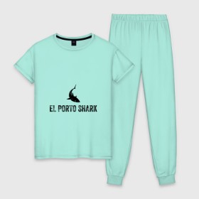 Женская пижама хлопок с принтом El Porto Shark (в порту акулы) в городе Новоалтайск, 100% хлопок | брюки и футболка прямого кроя, без карманов, на брюках мягкая резинка на поясе и по низу штанин | акула | глубина | жабры | злость | зубы | клыки | море | надпись на испанском языке | океан | опасность | плавник | подводный мир | рыба | ужас | хищник | челюсти | челюсть