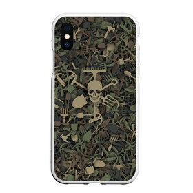 Чехол для iPhone XS Max матовый с принтом Камуфляж садовода в городе Новоалтайск, Силикон | Область печати: задняя сторона чехла, без боковых панелей | Тематика изображения на принте: грабли | грядки | дача | дачник | земля | камуфляж | лопата | милитари | огород | сад | садовод | хаки | череп