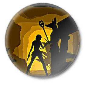 Значок с принтом Tomb Raider в городе Новоалтайск,  металл | круглая форма, металлическая застежка в виде булавки | Тематика изображения на принте: желтый | лара крофт | черный